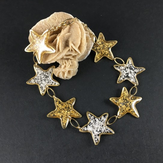 Bracelet fin étoiles dorées, feuille d’or et feuille d’argent